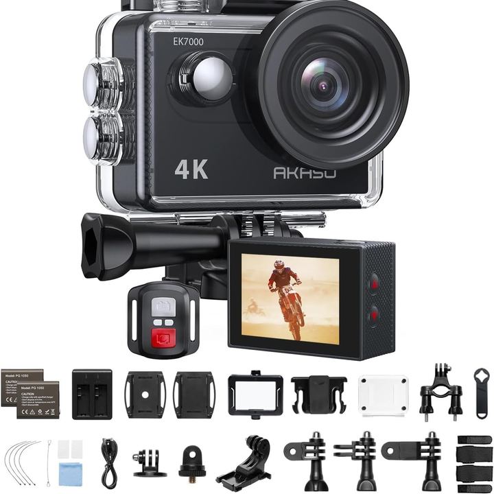 Compact 4K action camera with its mounts