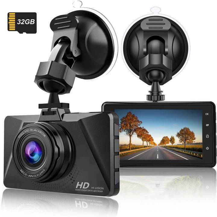 Front dash cam with a suction mount and a rear screen